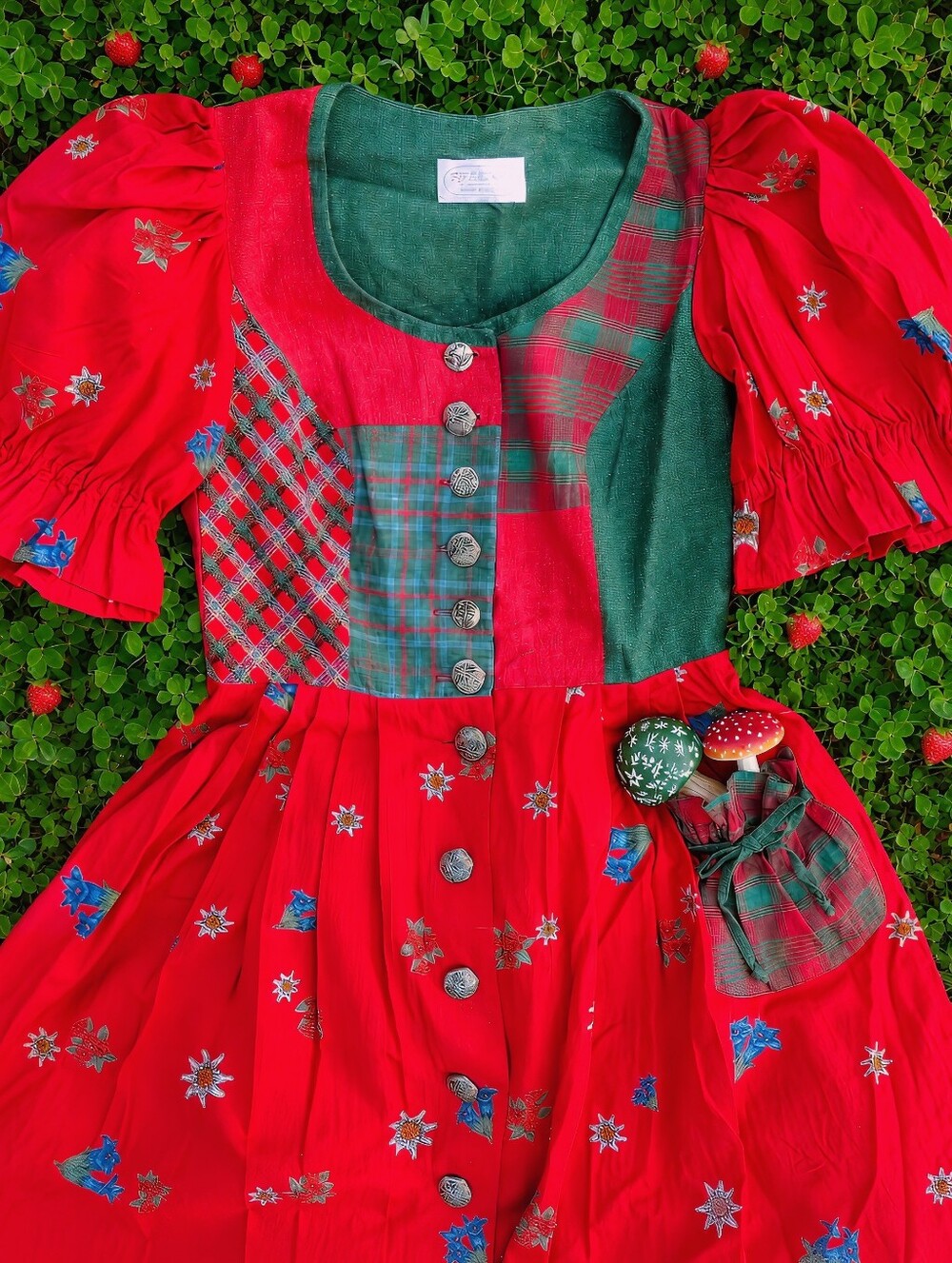 Vintage Sportalm Red and Green Patchwork Maxi Dirndl Dress